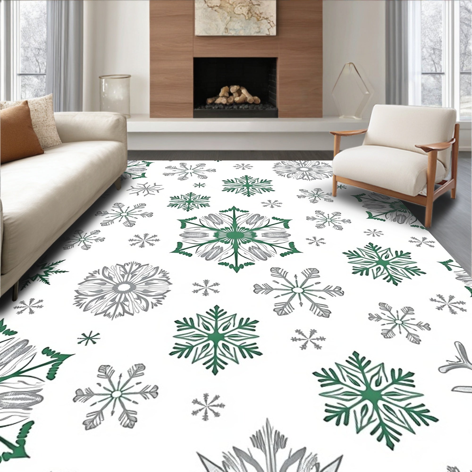 Green And Gray Snowflake Cluster Rug