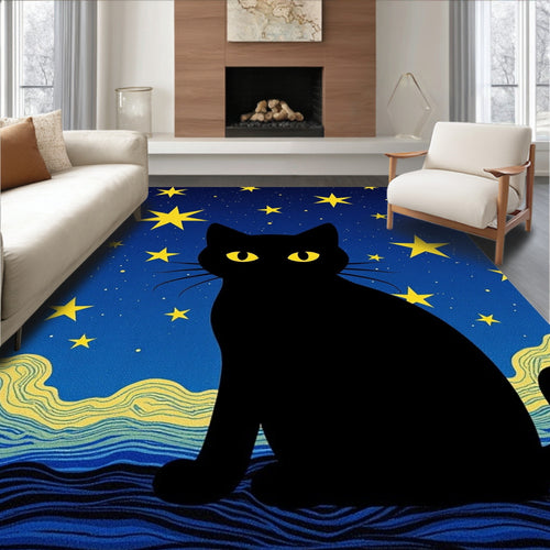 Black Cat Yellow Starry Night Sky Rug