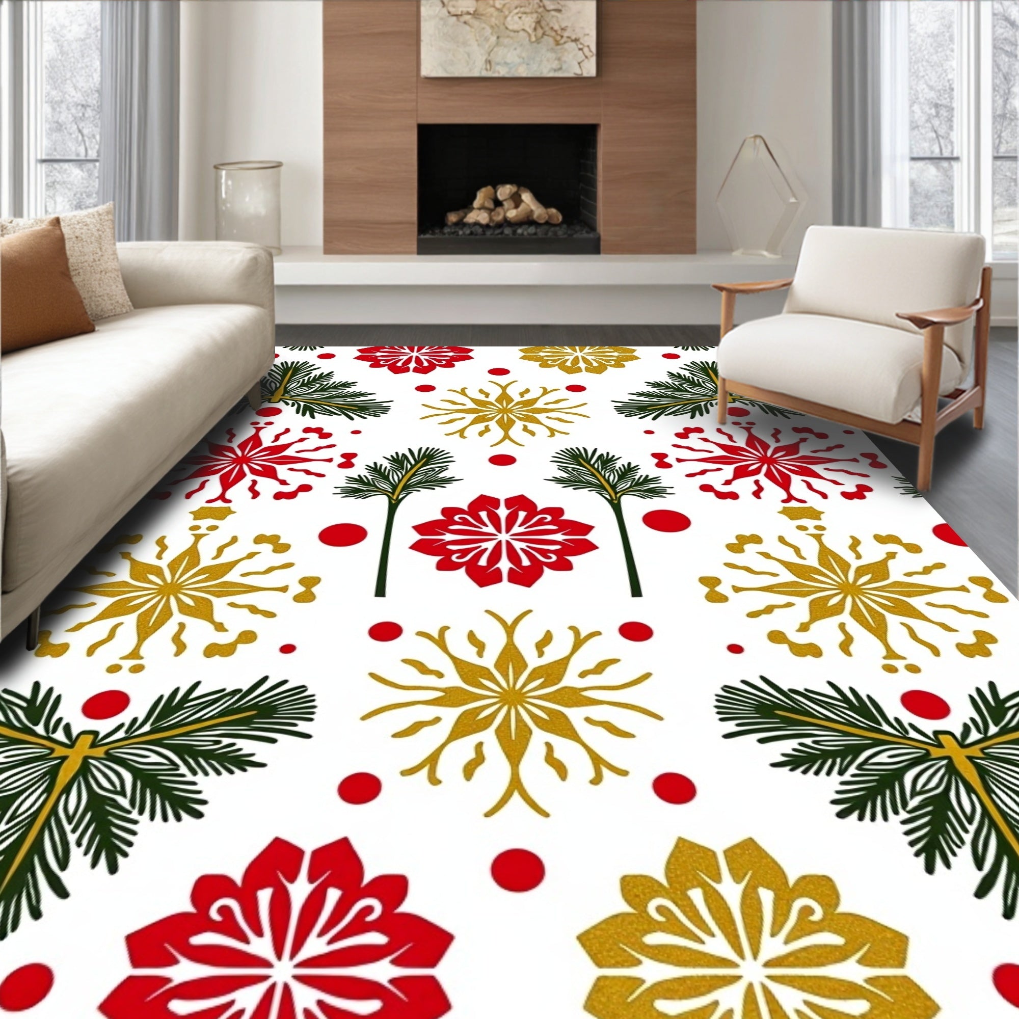Red Gold Pine Cone Snowflake Scatter Rug