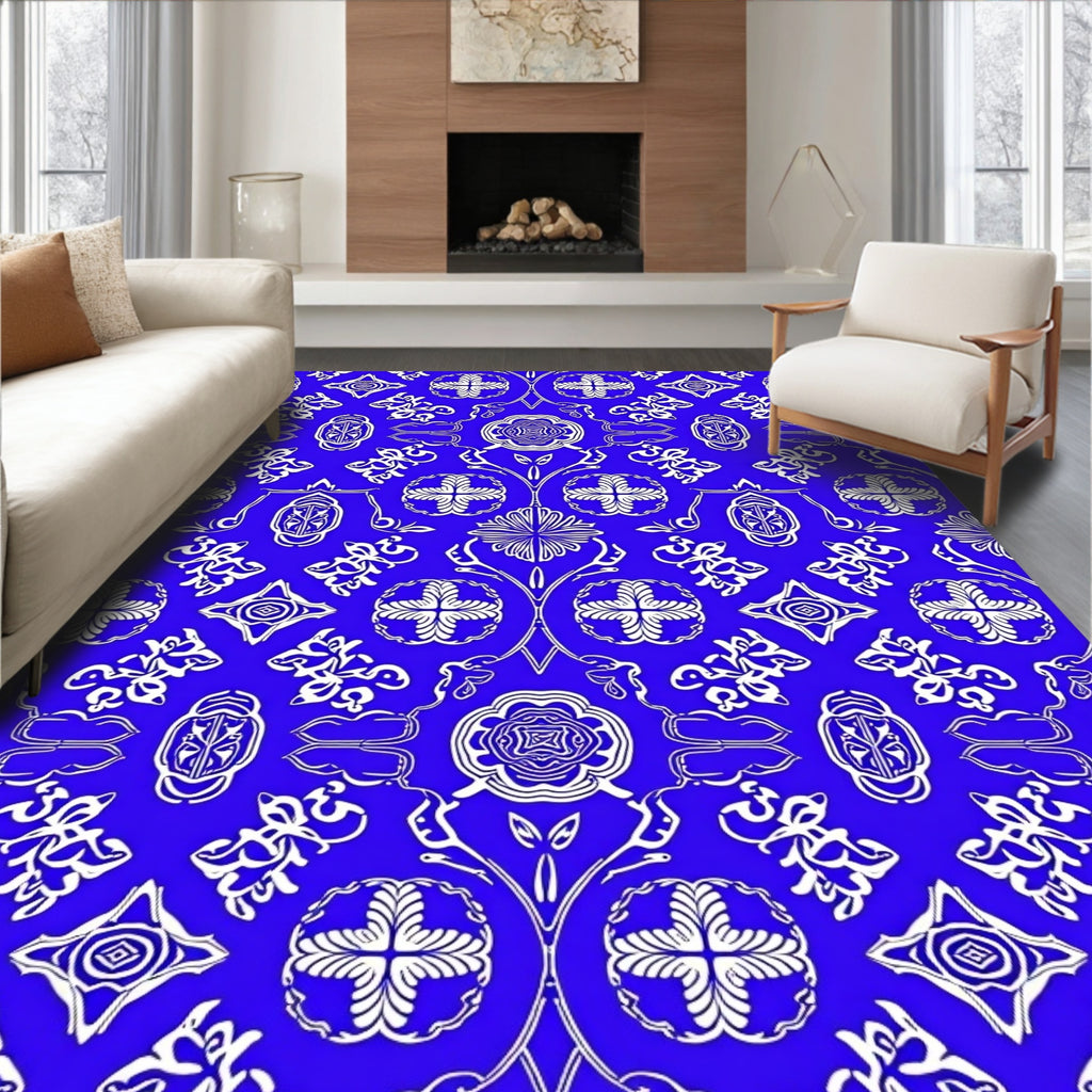 Rich Cobalt Blue Floral Crest Rug