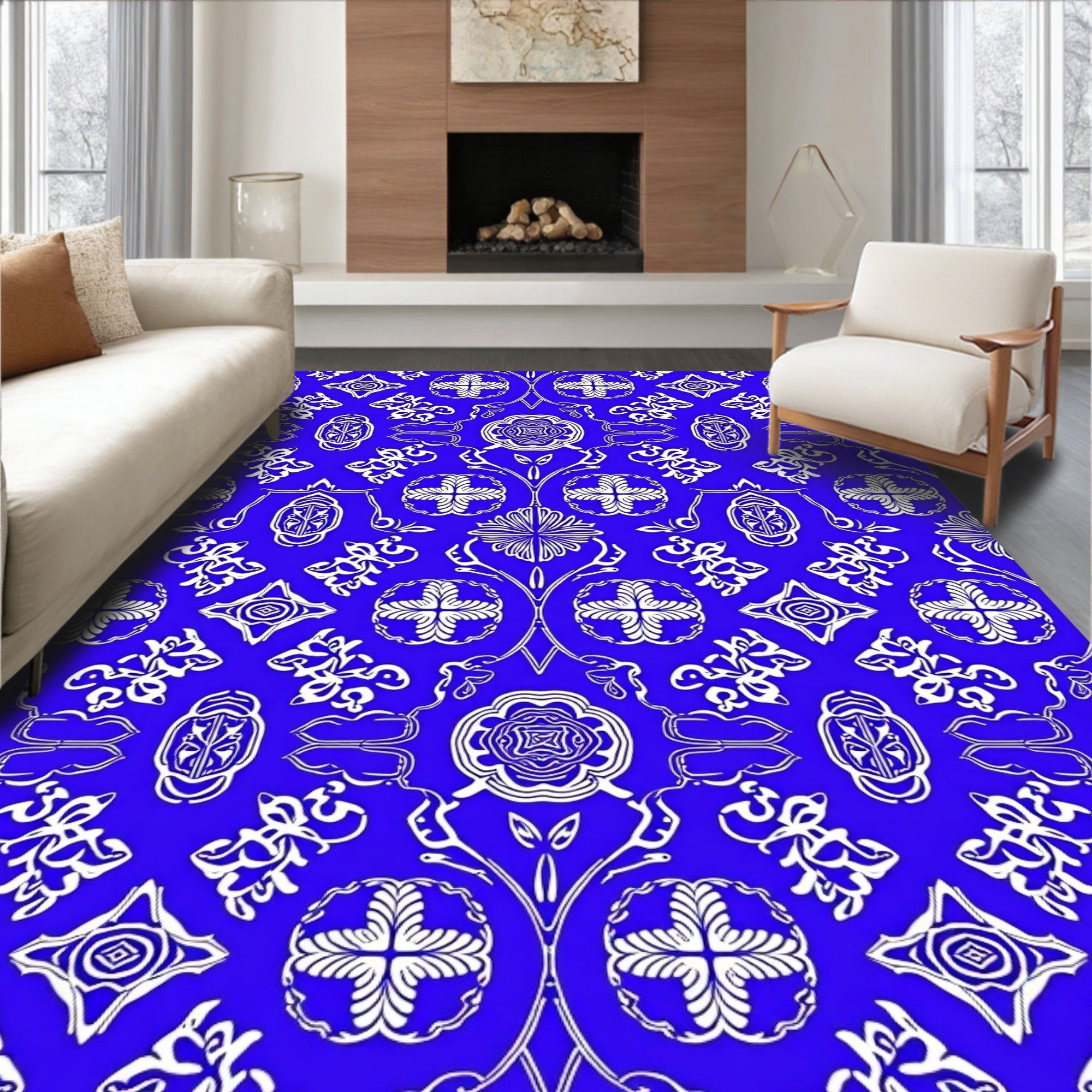 Rich Cobalt Blue Floral Crest Rug