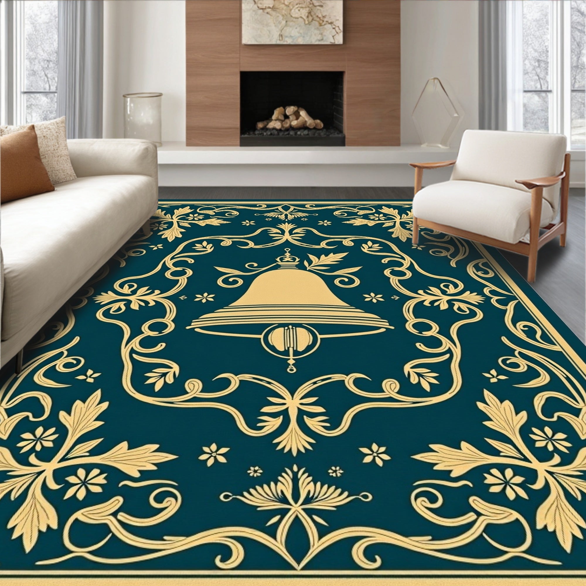 Deep Teal Golden Bell Crested Ornate Rug