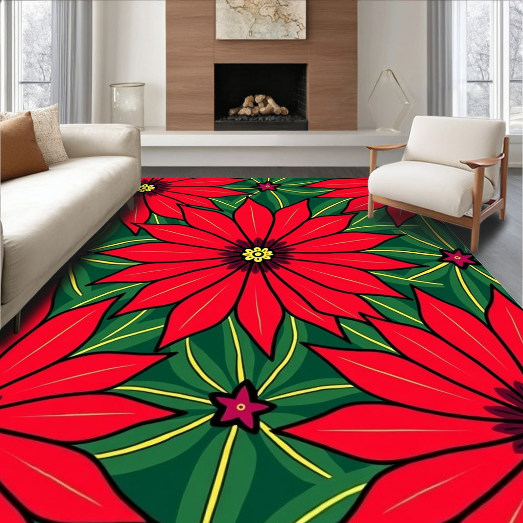 Bold Red Poinsettia Floral Arrangement Rug