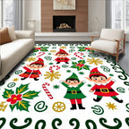 Festive Elves Candy Cane Holly Snowflakes Border Rug