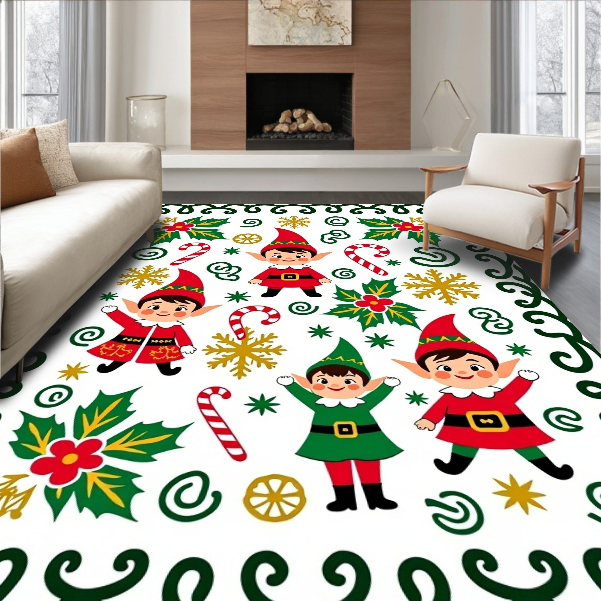Festive Elves Candy Cane Holly Snowflakes Border Rug