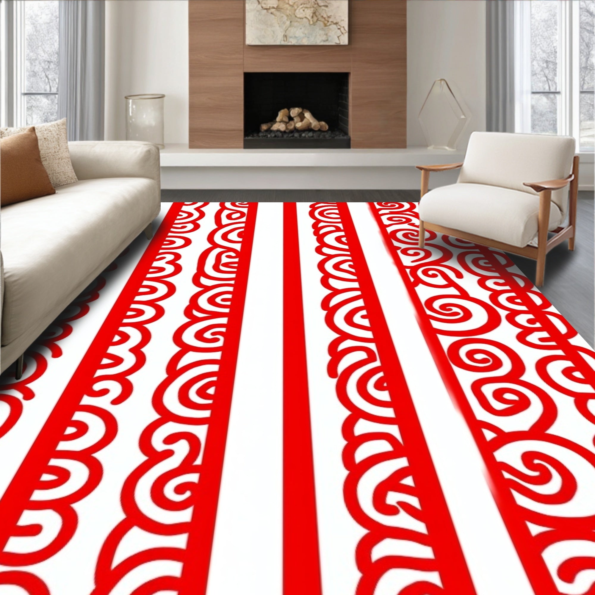 Crimson Vertical Swirl Border Rug
