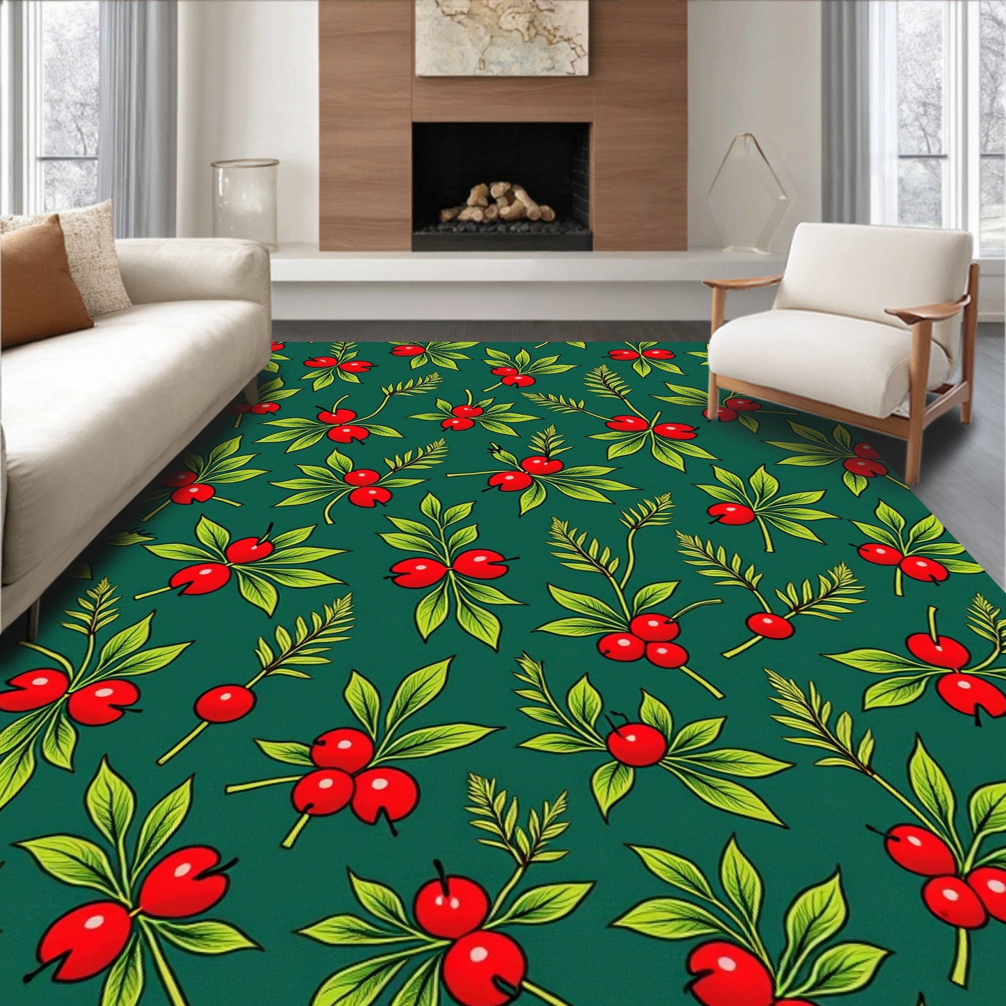 Crimson Berry Green Leaf Garland Rug