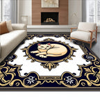 Cream Cat Emblem Deep Blue Border Rug