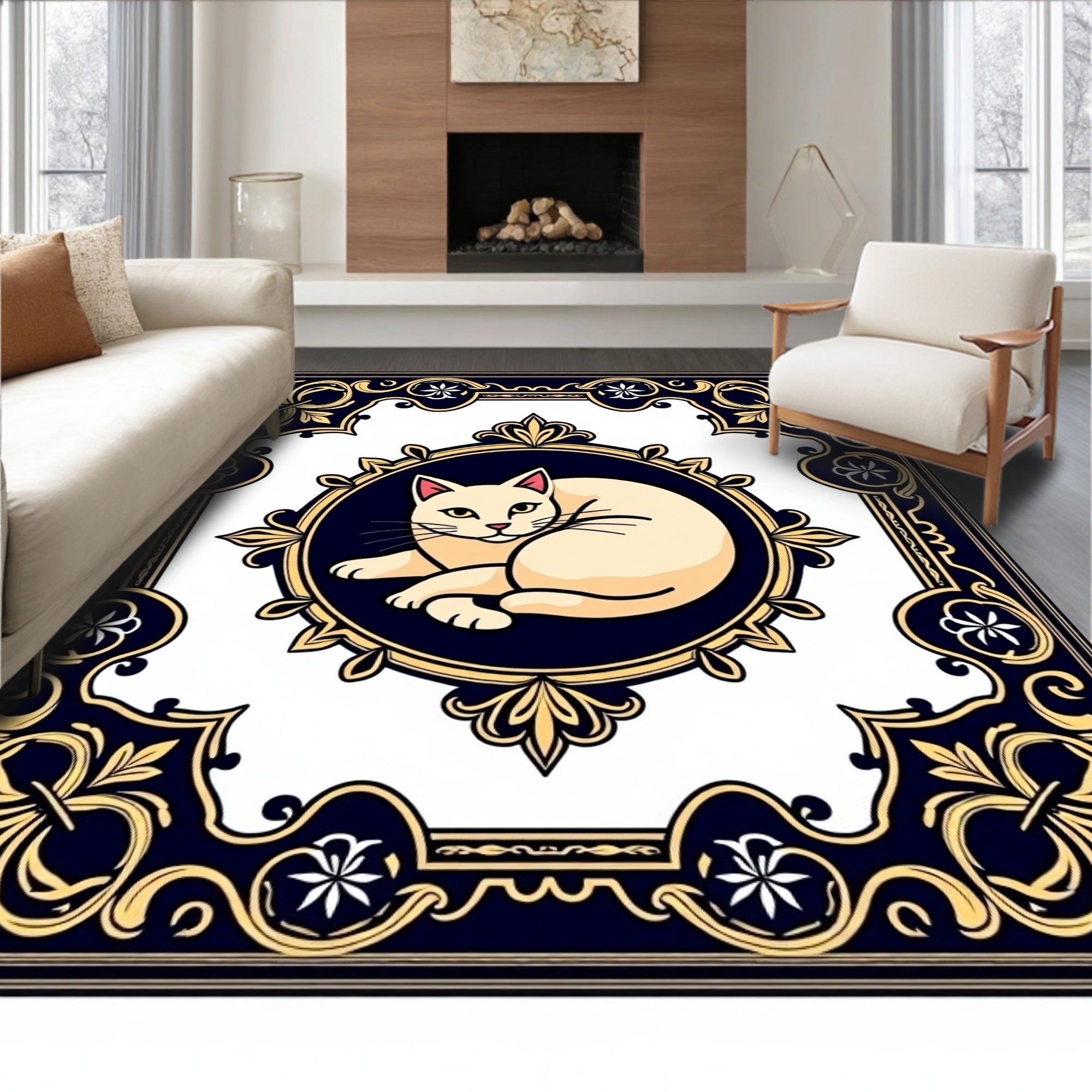 Cream Cat Emblem Deep Blue Border Rug