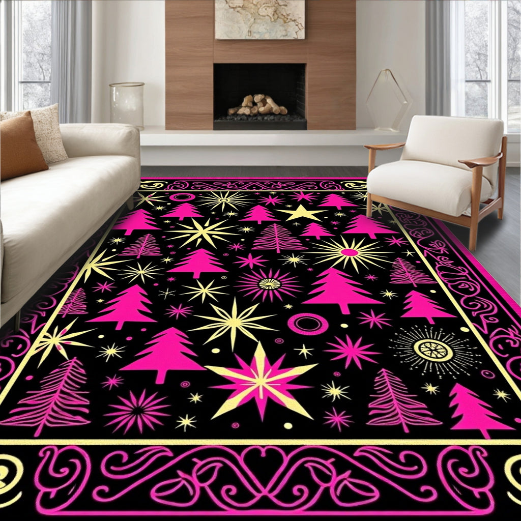 Hot Pink Trees Yellow Stars Border Rug