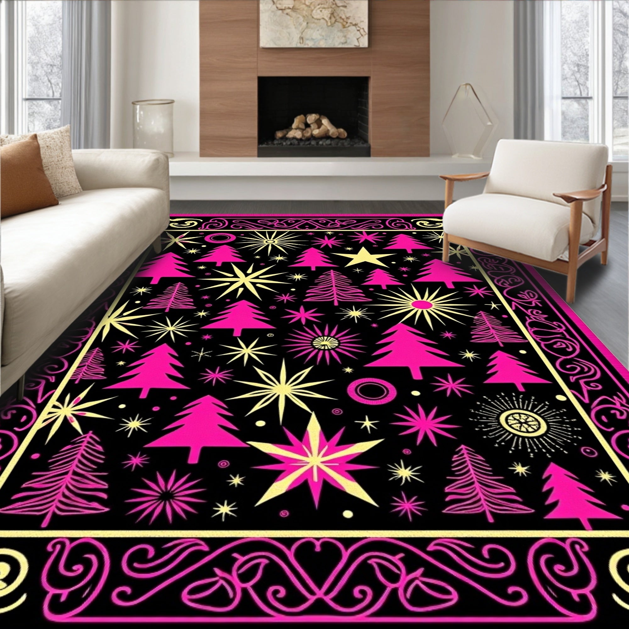 Hot Pink Trees Yellow Stars Border Rug