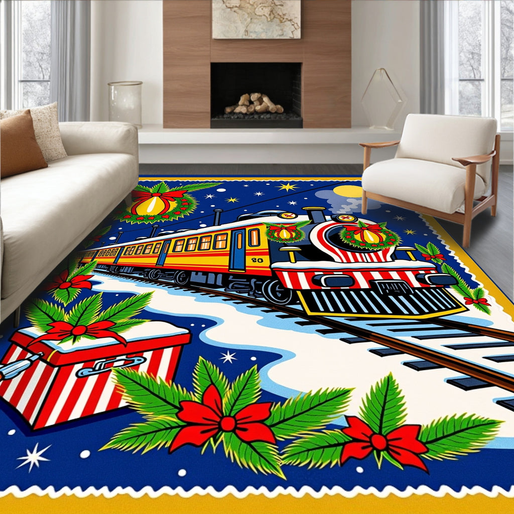 Holiday Express Wreath Train Snow Rug