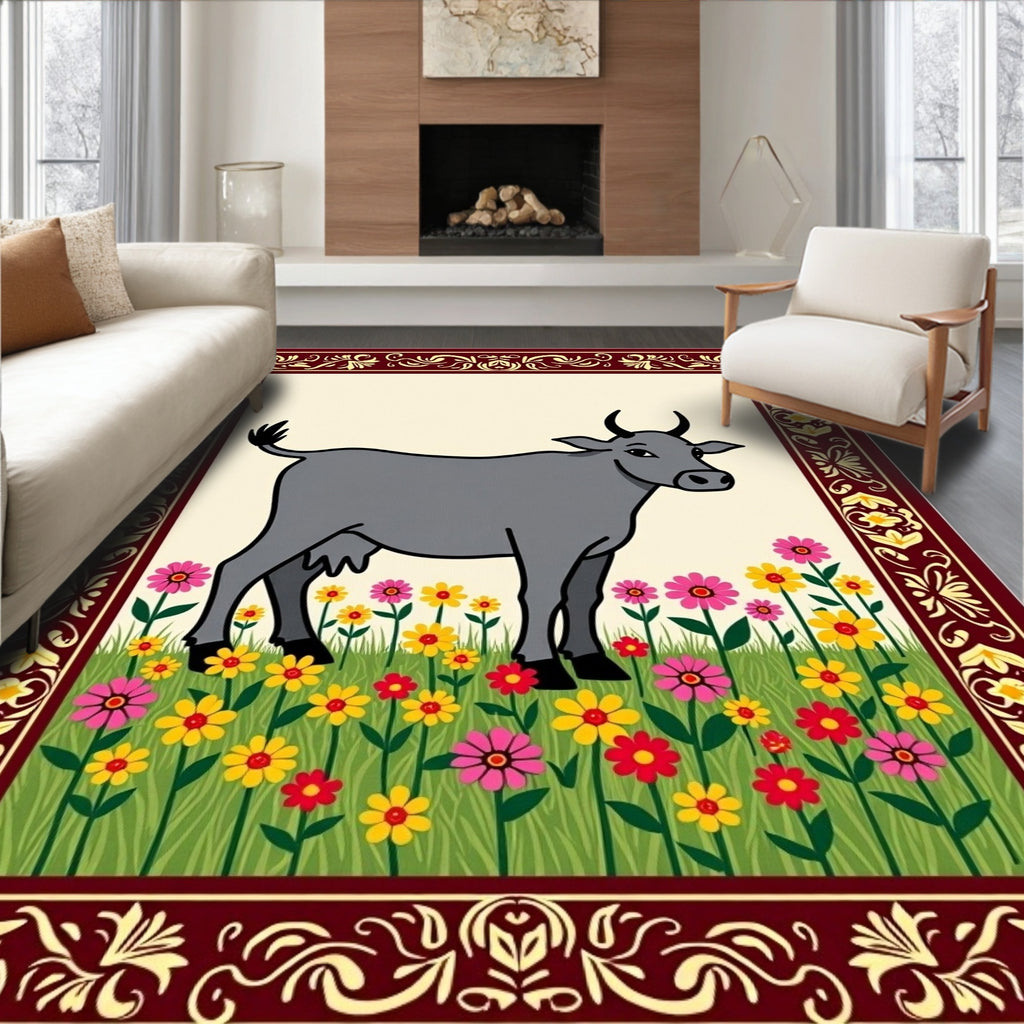 Gray Cow Among Colorful Flowers Rug