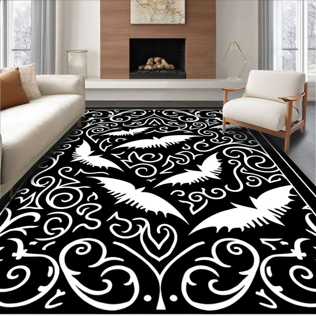Gothic White Bats Swirls Black Rug