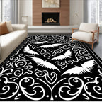 Gothic White Bats Swirls Black Rug