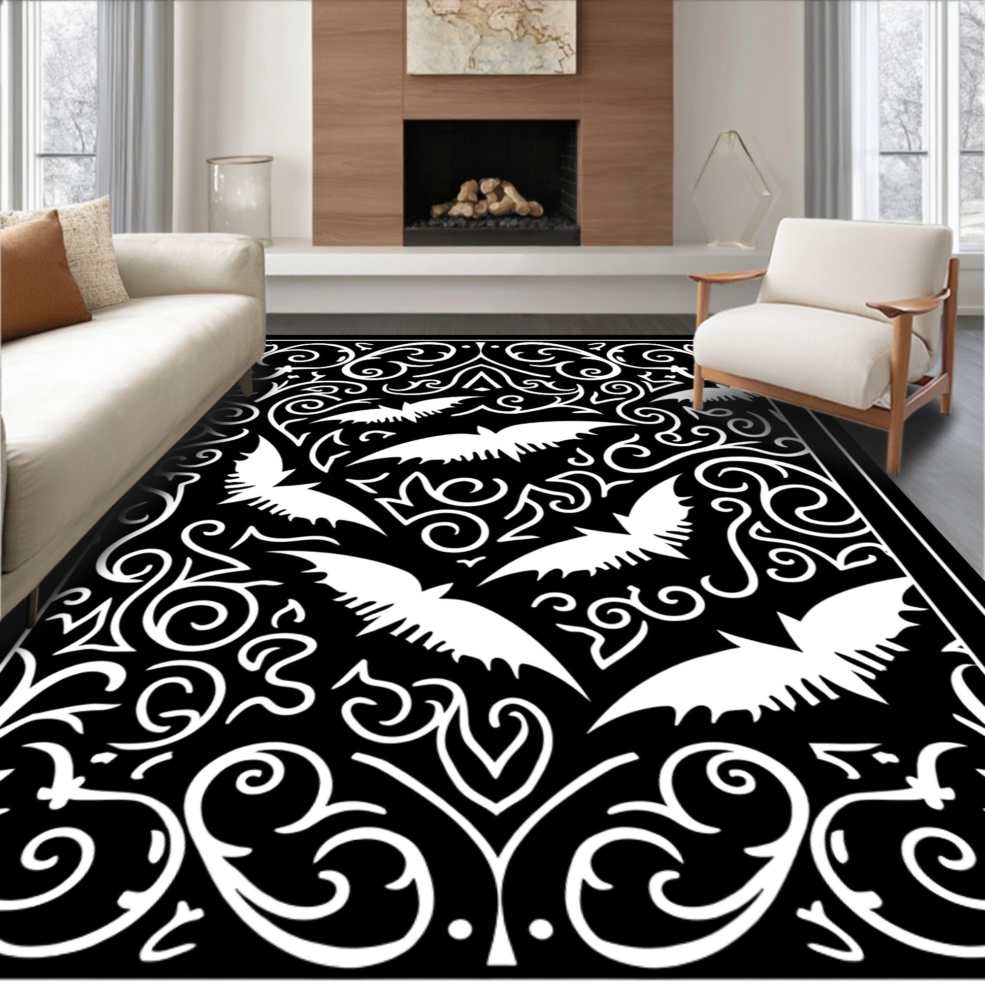 Gothic White Bats Swirls Black Rug