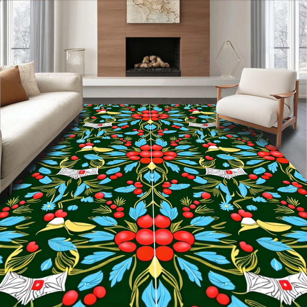 Emerald Red Blue Leafy Vine Art Rug