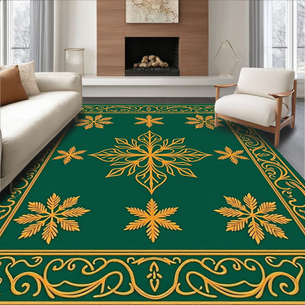 Emerald Green Golden Floral Medallion Border Rug