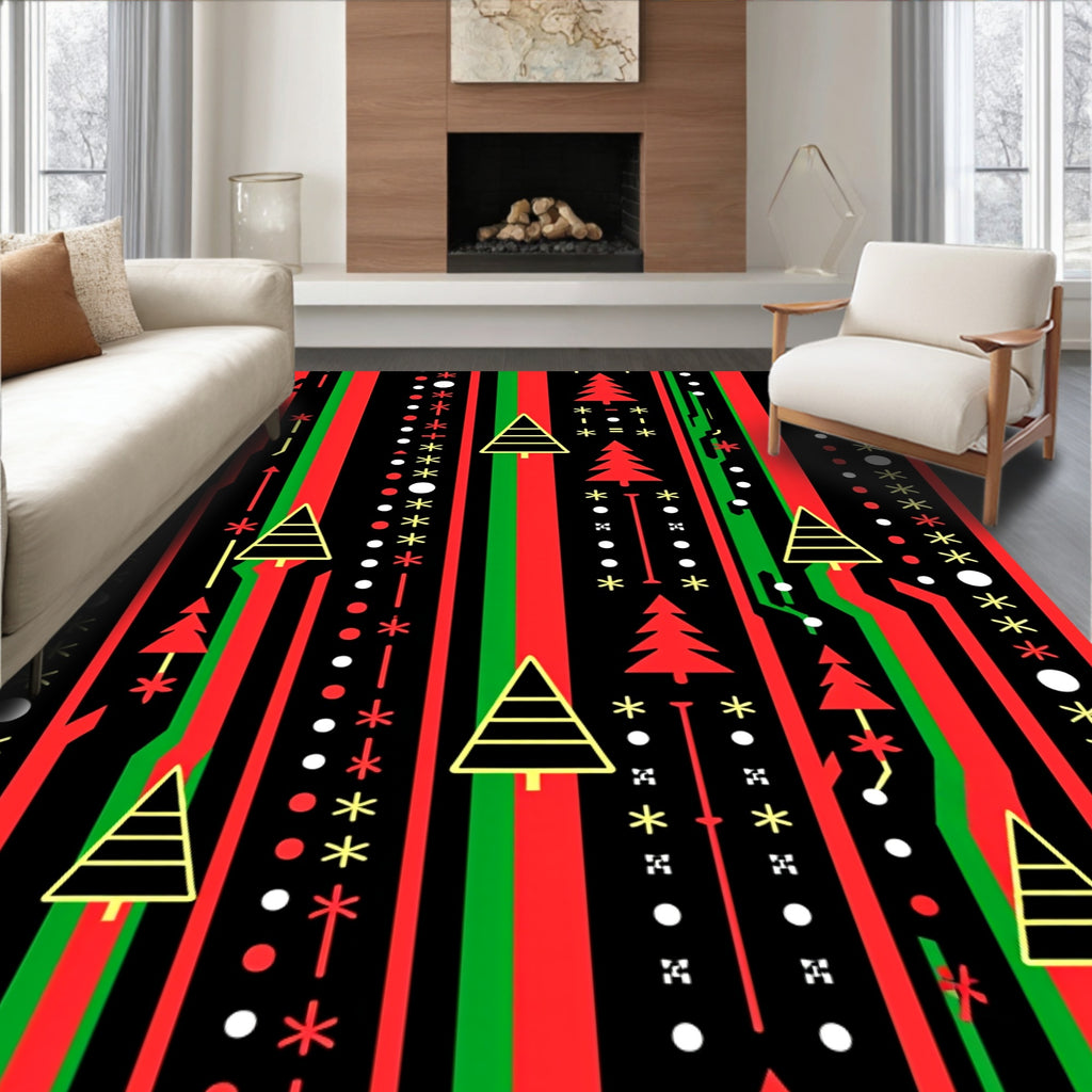 Red Green Black Festive Tree Stripes Rug