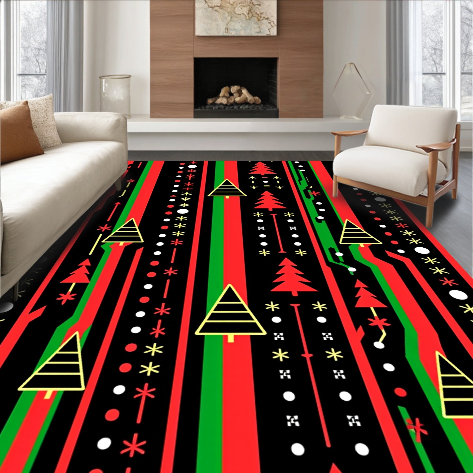 Red Green Black Festive Tree Stripes Rug