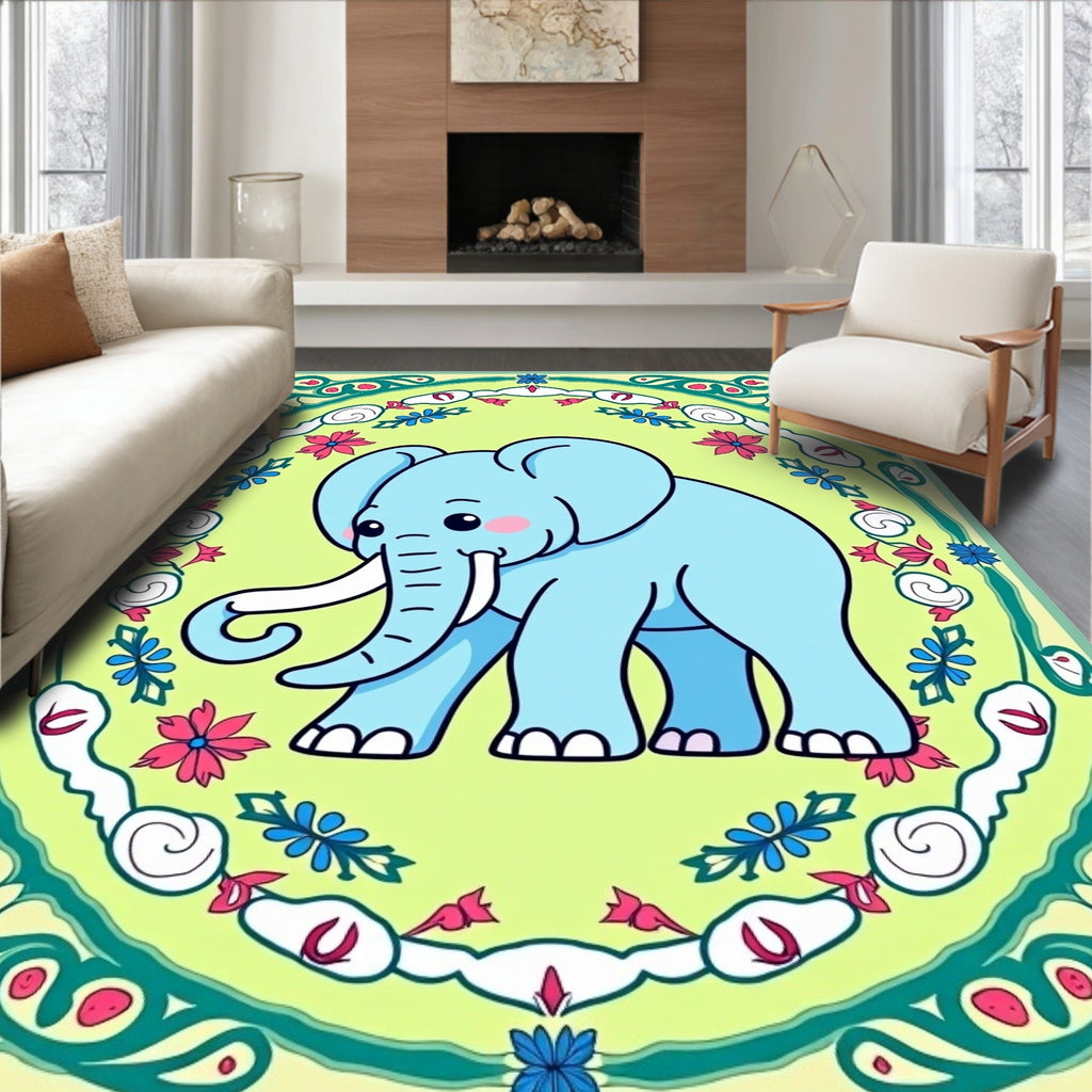 Light Blue Elephant Floral Medallion Rug