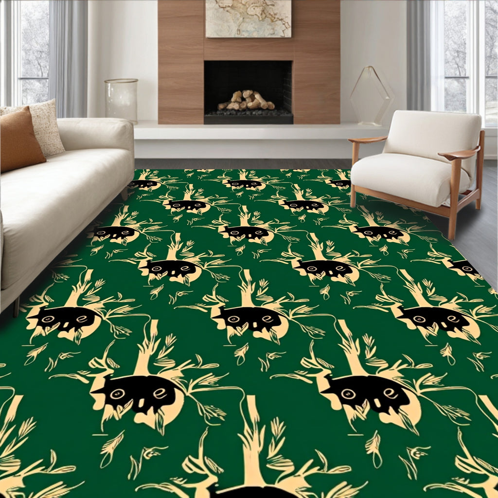 Dark Emerald And Ochre Abstract Foliage Rug