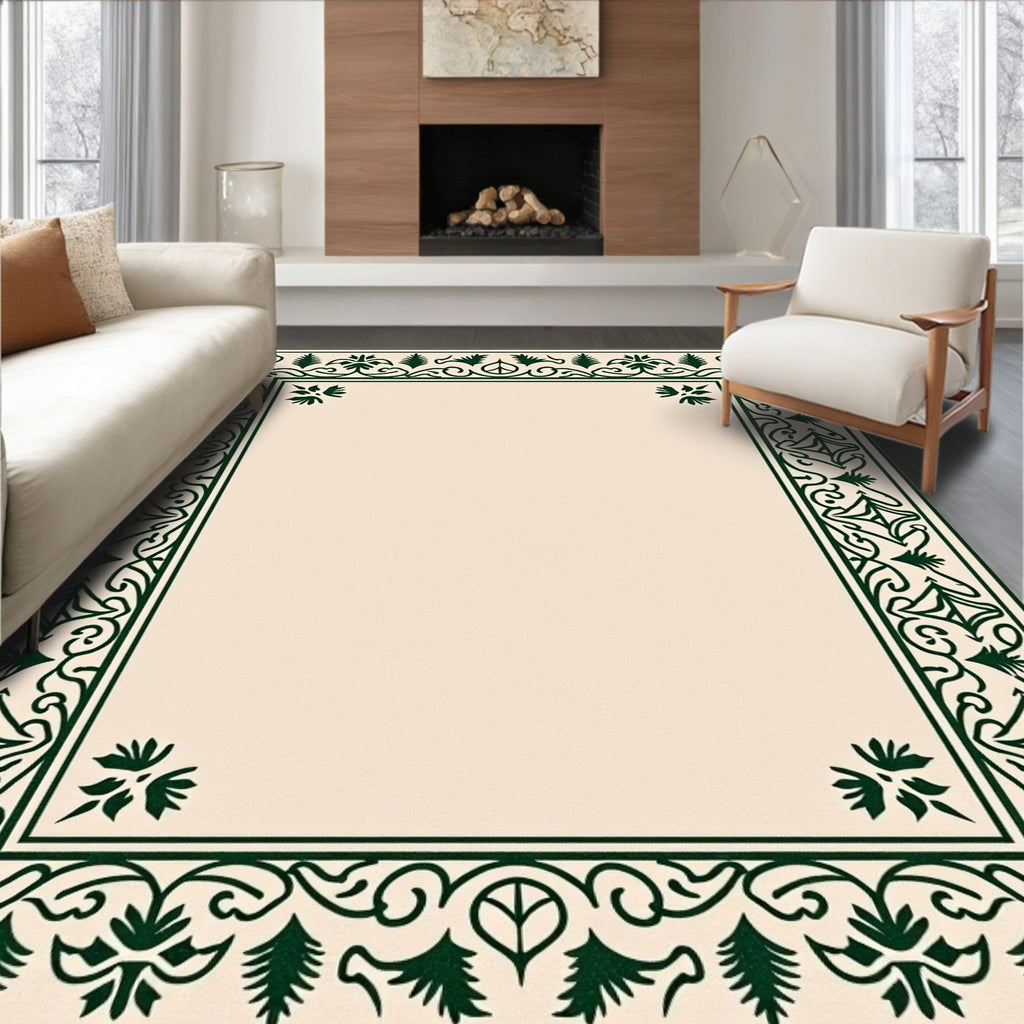 Dark Green Ornate Border Cream Rug