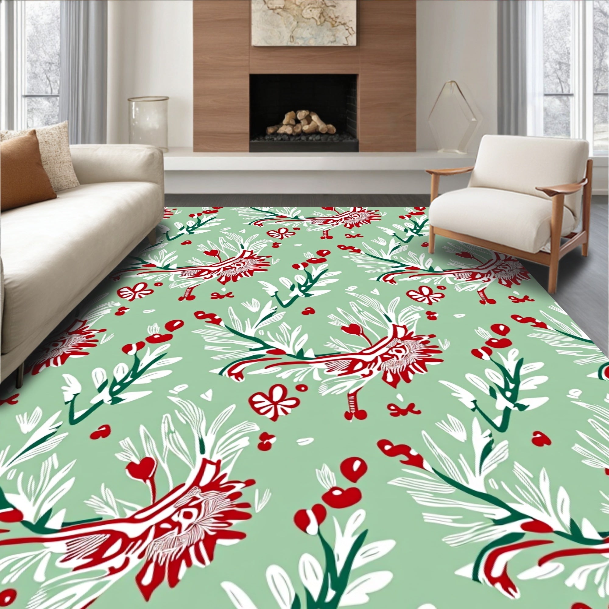 Whimsical Red Floral Green Folk Art Rug