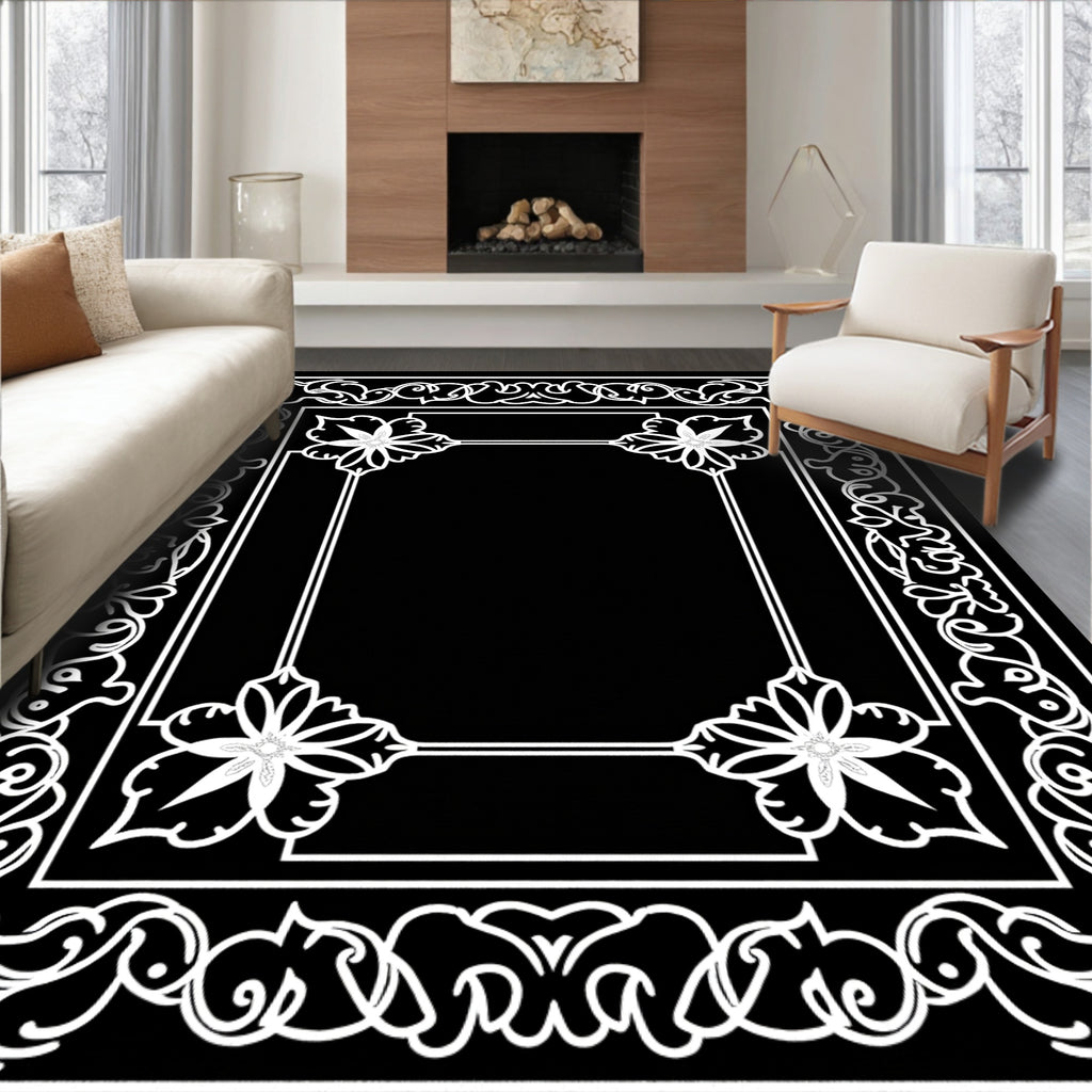 White Floral Scrollwork Border Rug