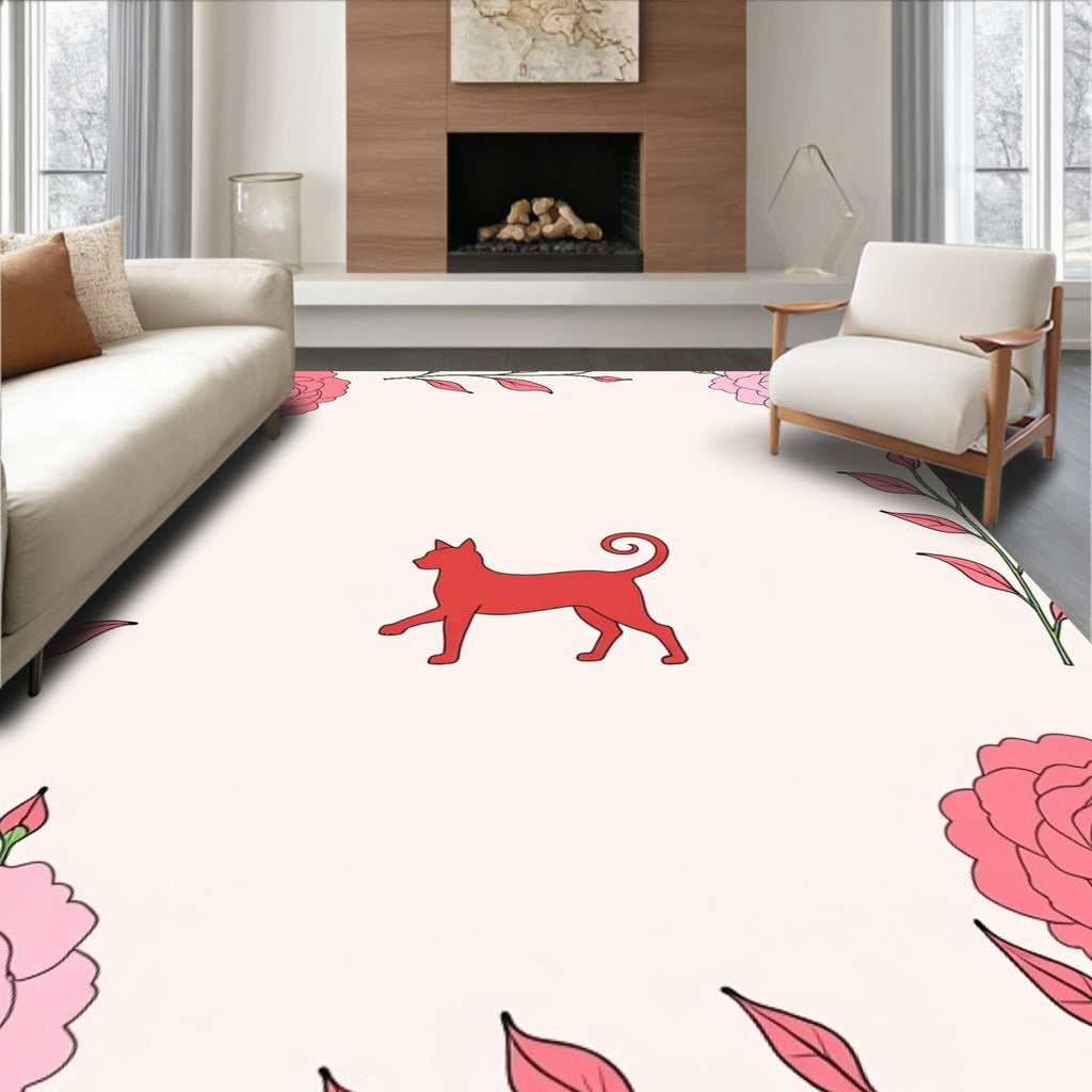 Pink Floral Border Red Cat Rug