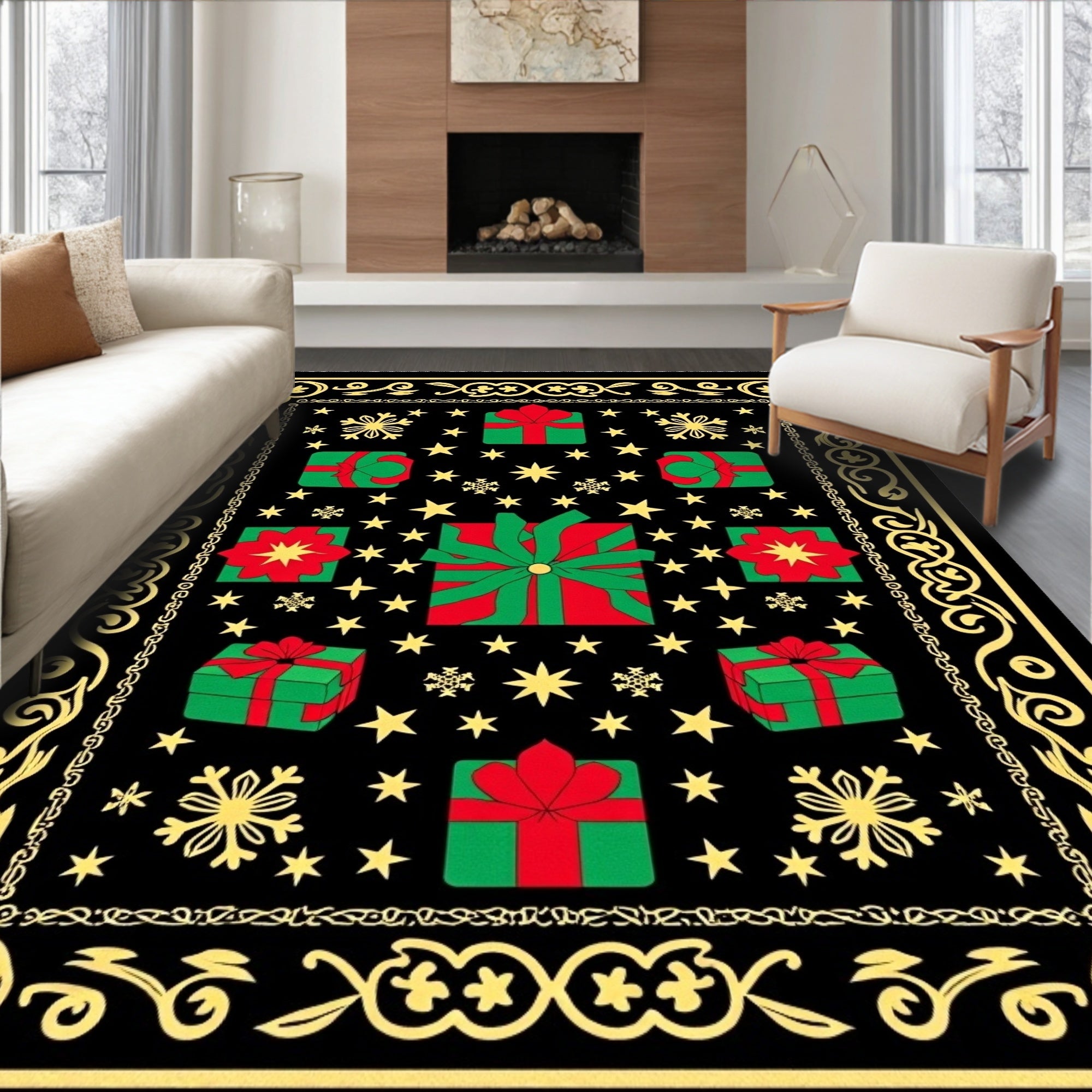 Red Green Gift Boxes Snowflakes Border Rug