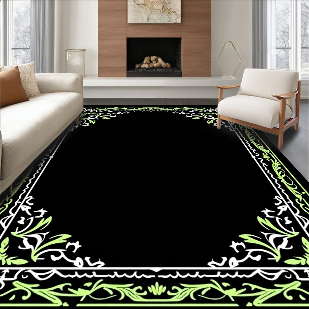 Elegant Light Green Foliage Scroll Border Rug