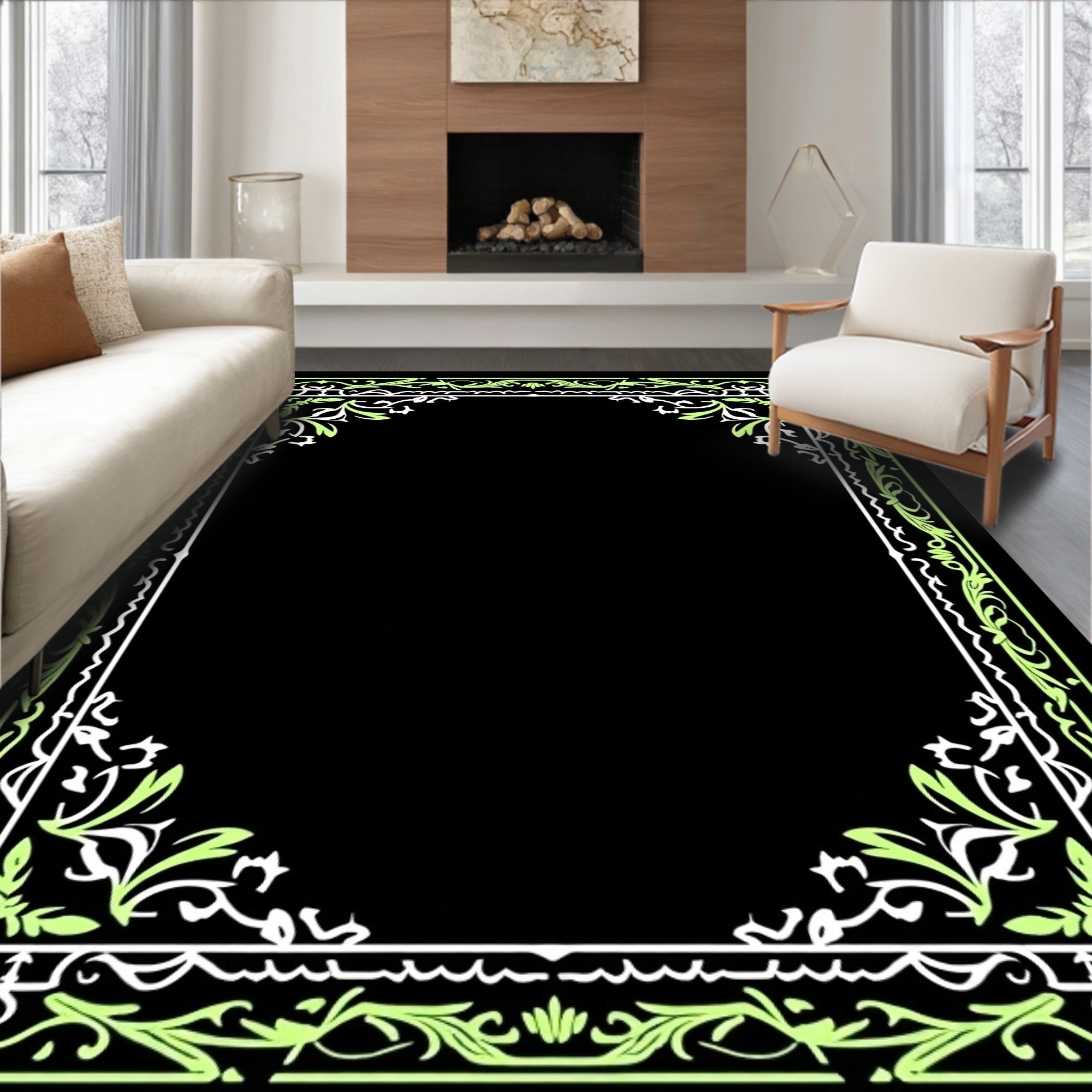 Elegant Light Green Foliage Scroll Border Rug