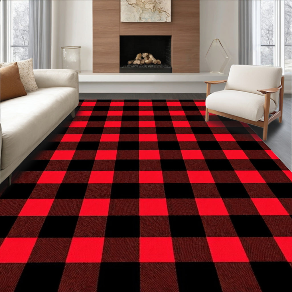 Bold Red Black Gingham Textile Weave Rug