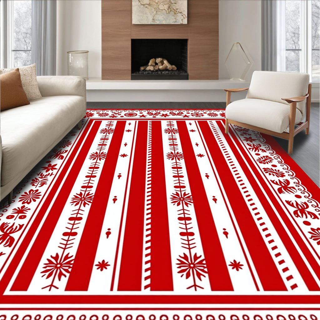Bold Red Folk Art Floral Stripe Rug