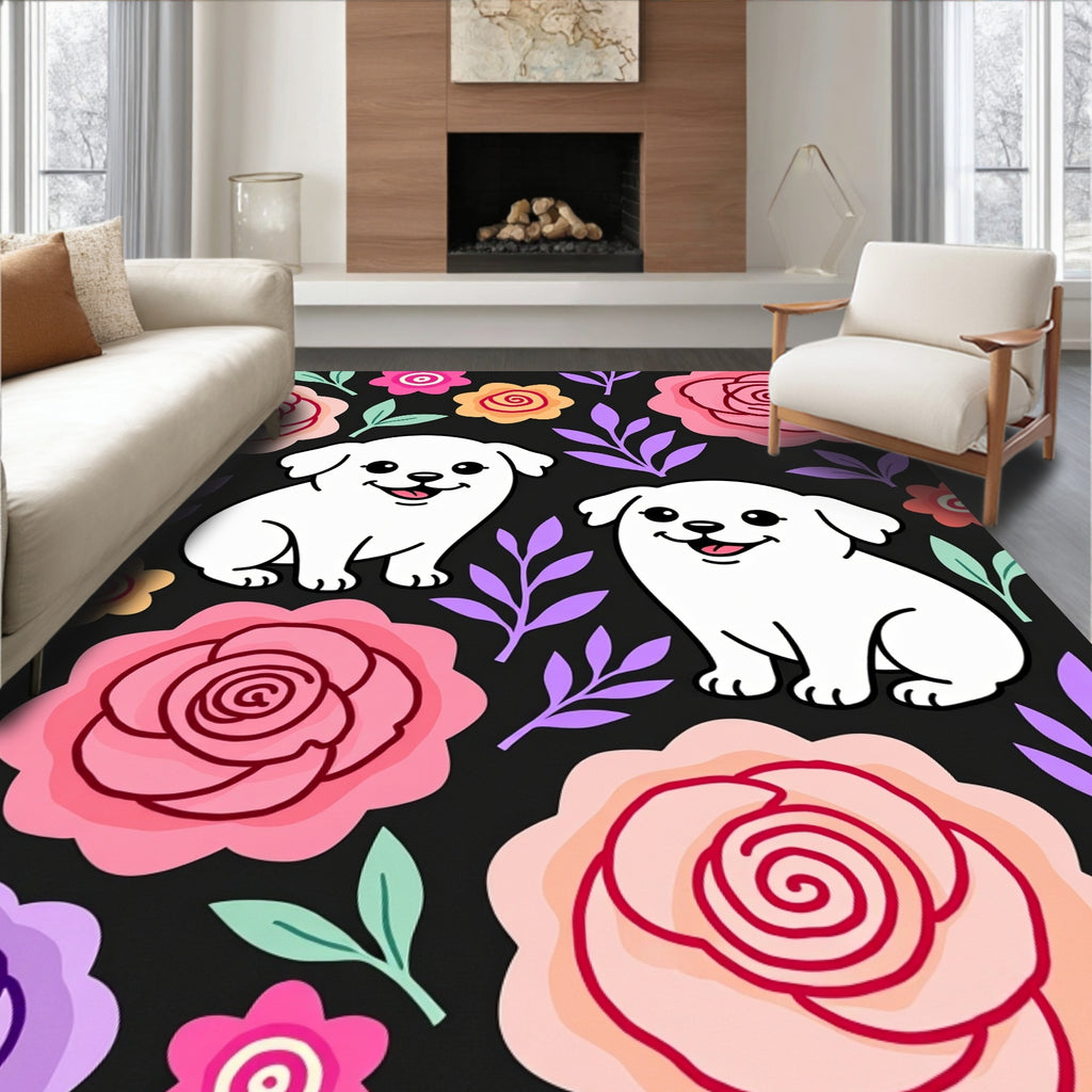 Playful White Pups Floral Garden Rug