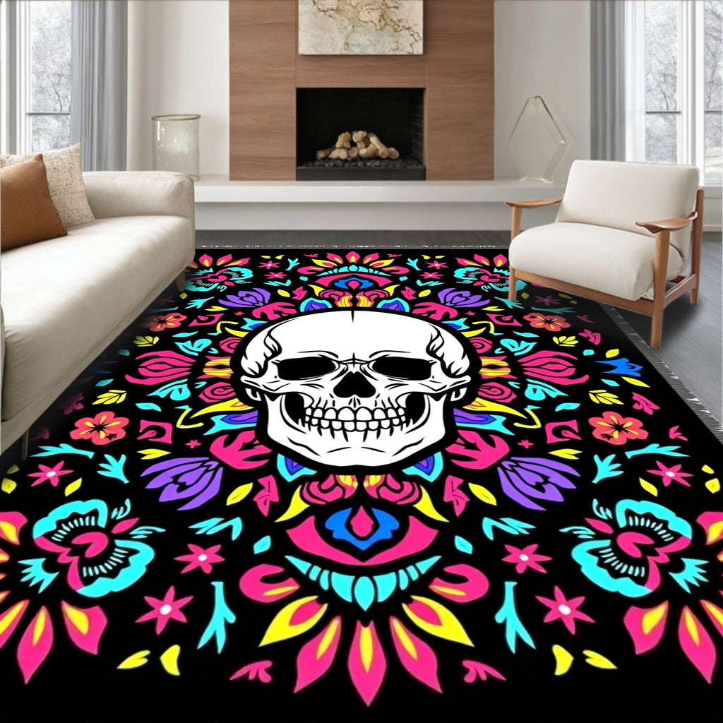 Vibrant Skull Floral Mandala Rug