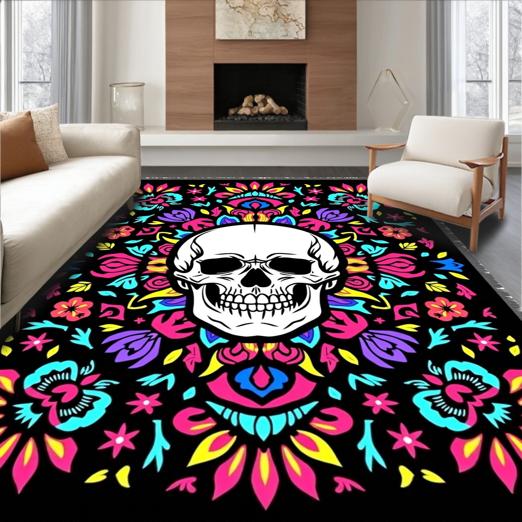 Vibrant Skull Floral Mandala Rug