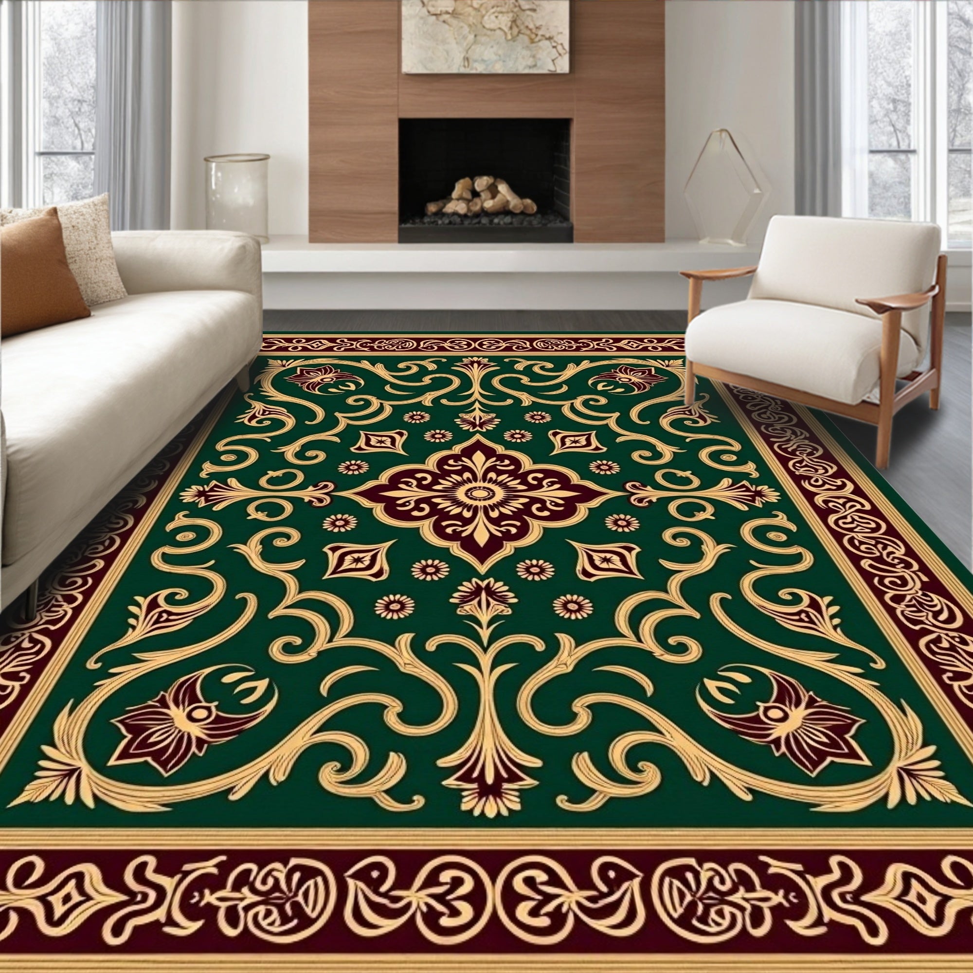 Emerald Red Gold Floral Medallion Rug