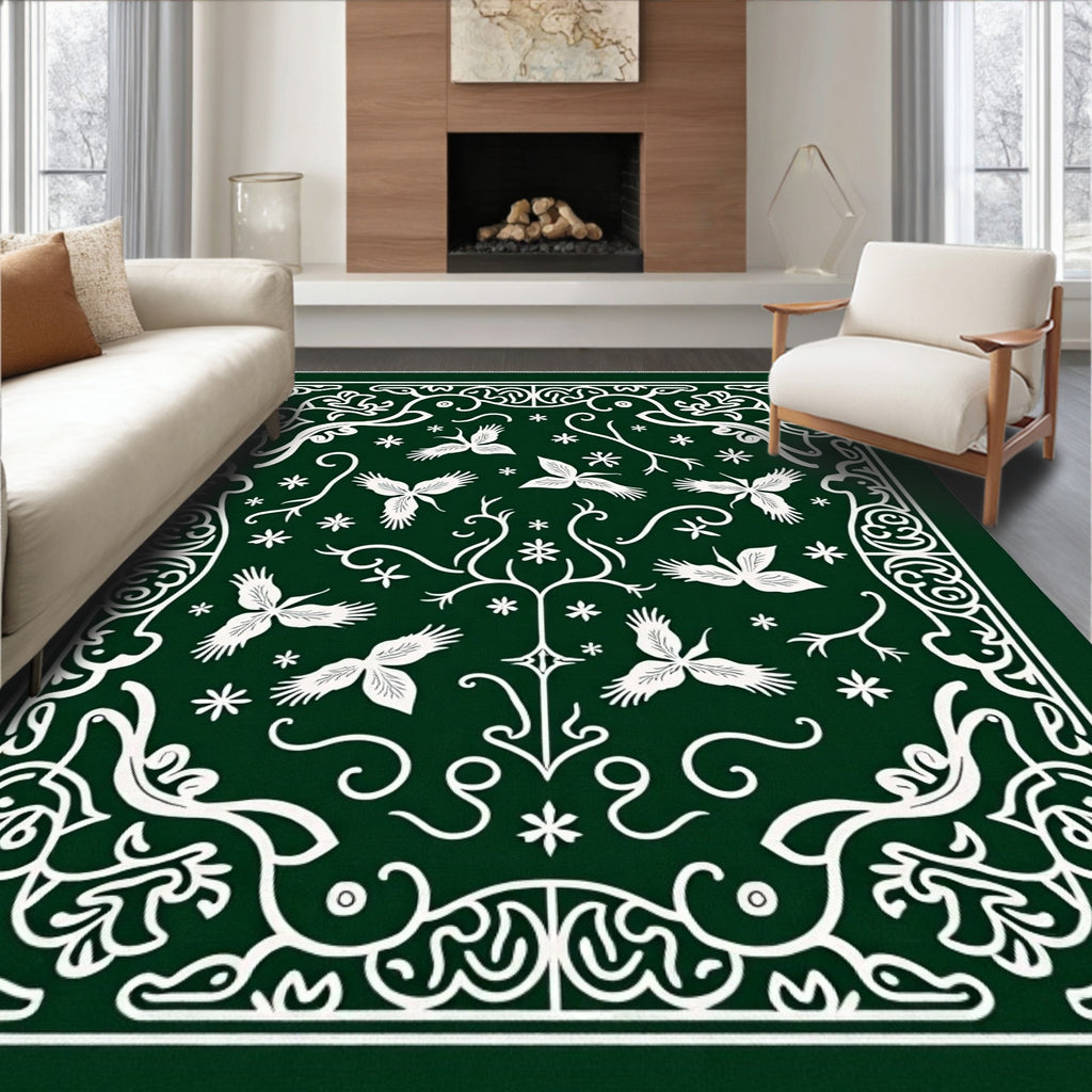 Deep Forest White Floral Bird Art Rug