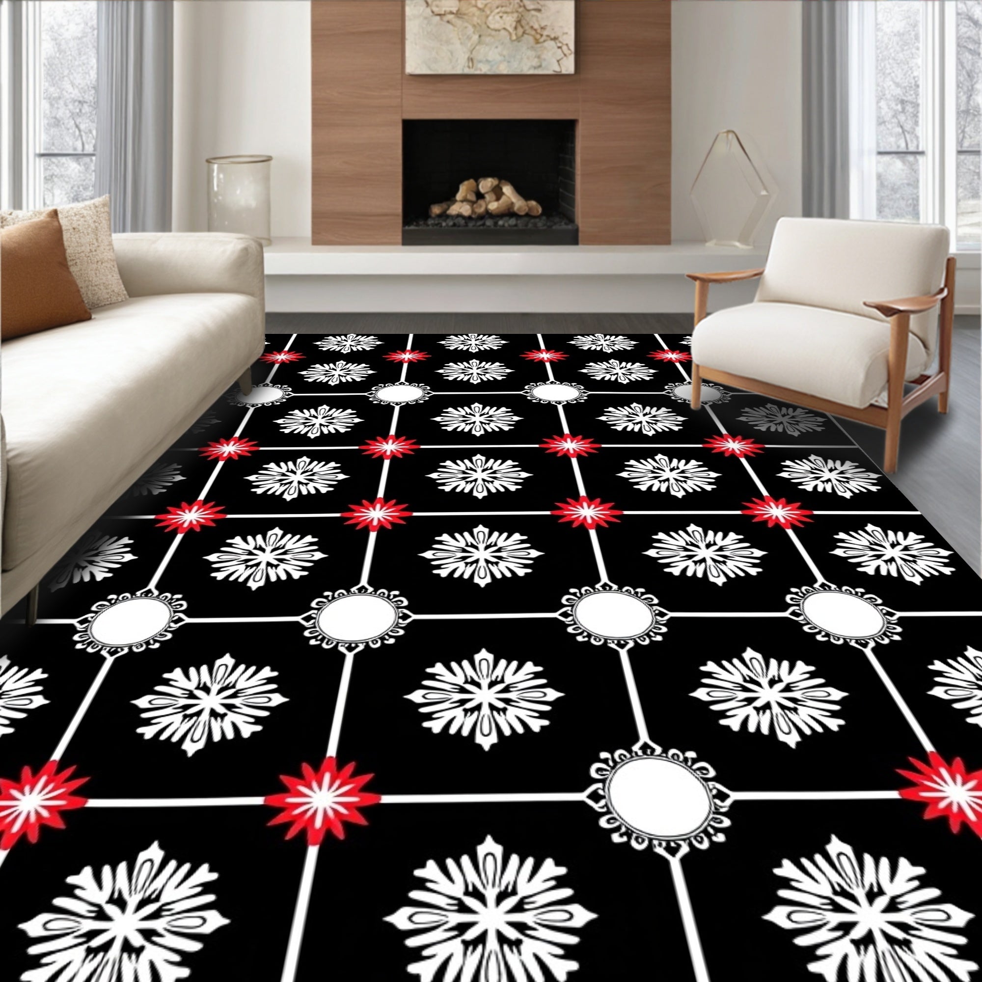 Black White Red Floral Medallion Accent Rug