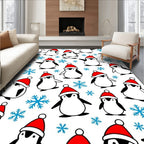 Penguins Christmas Red Hat Snowflakes Rug