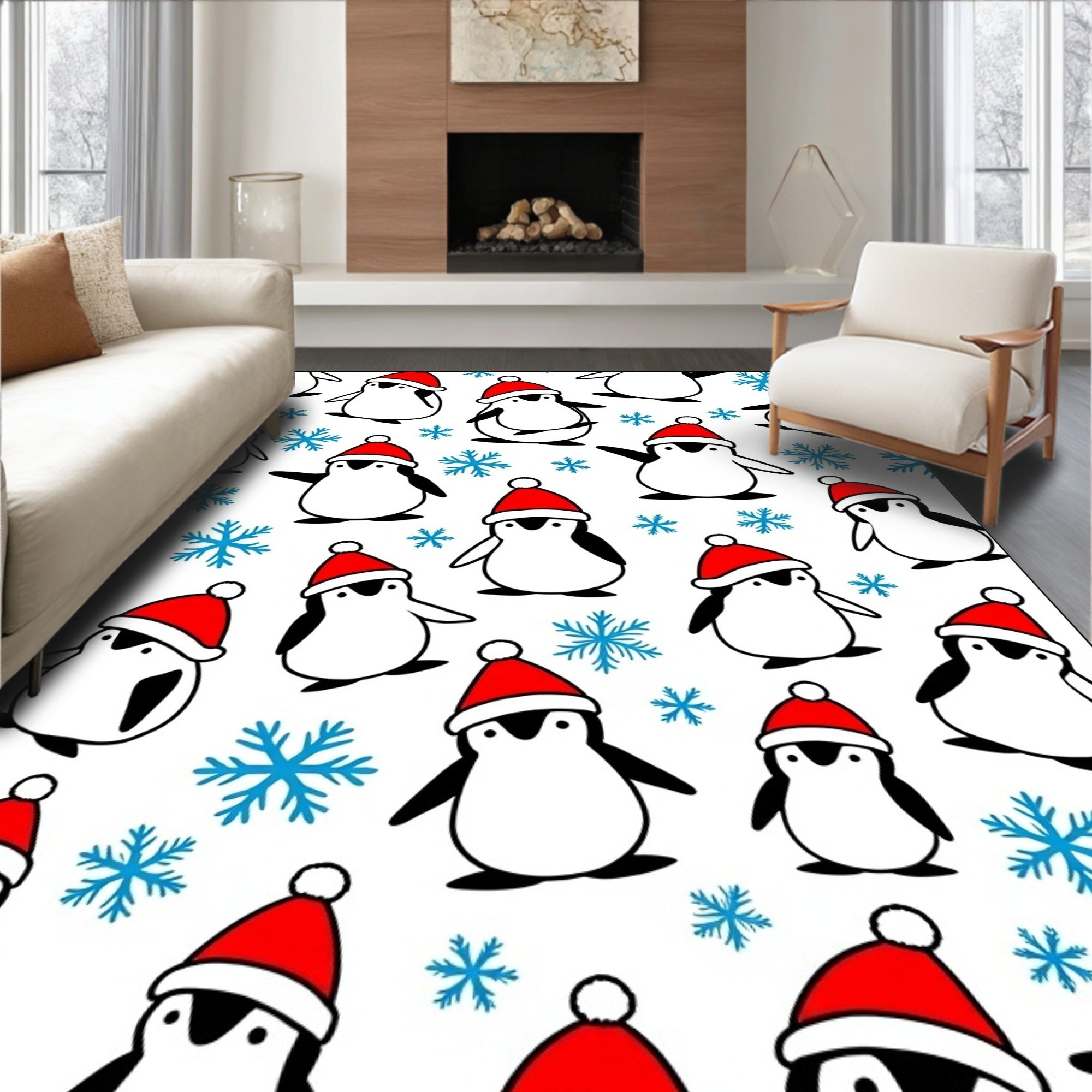 Penguins Christmas Red Hat Snowflakes Rug