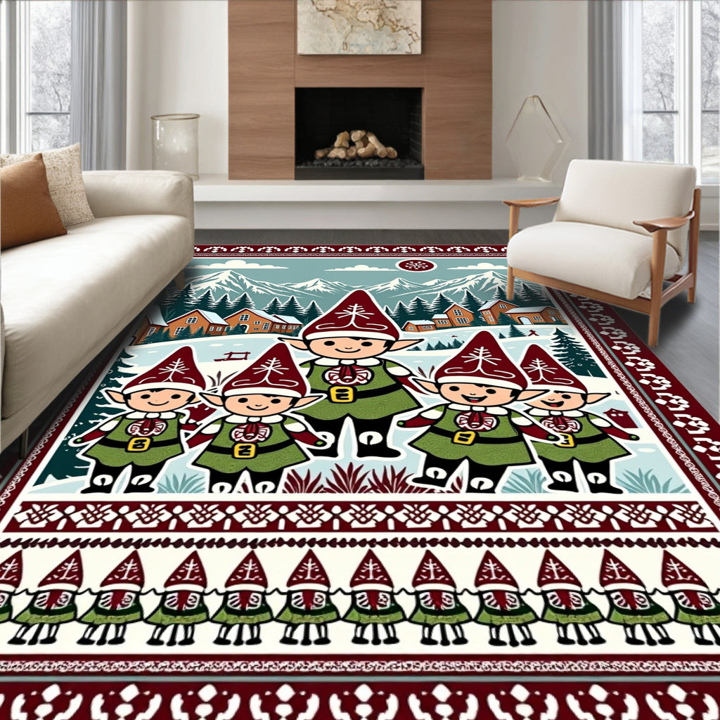 Whimsical Elven Village Mountain Scene Rug
