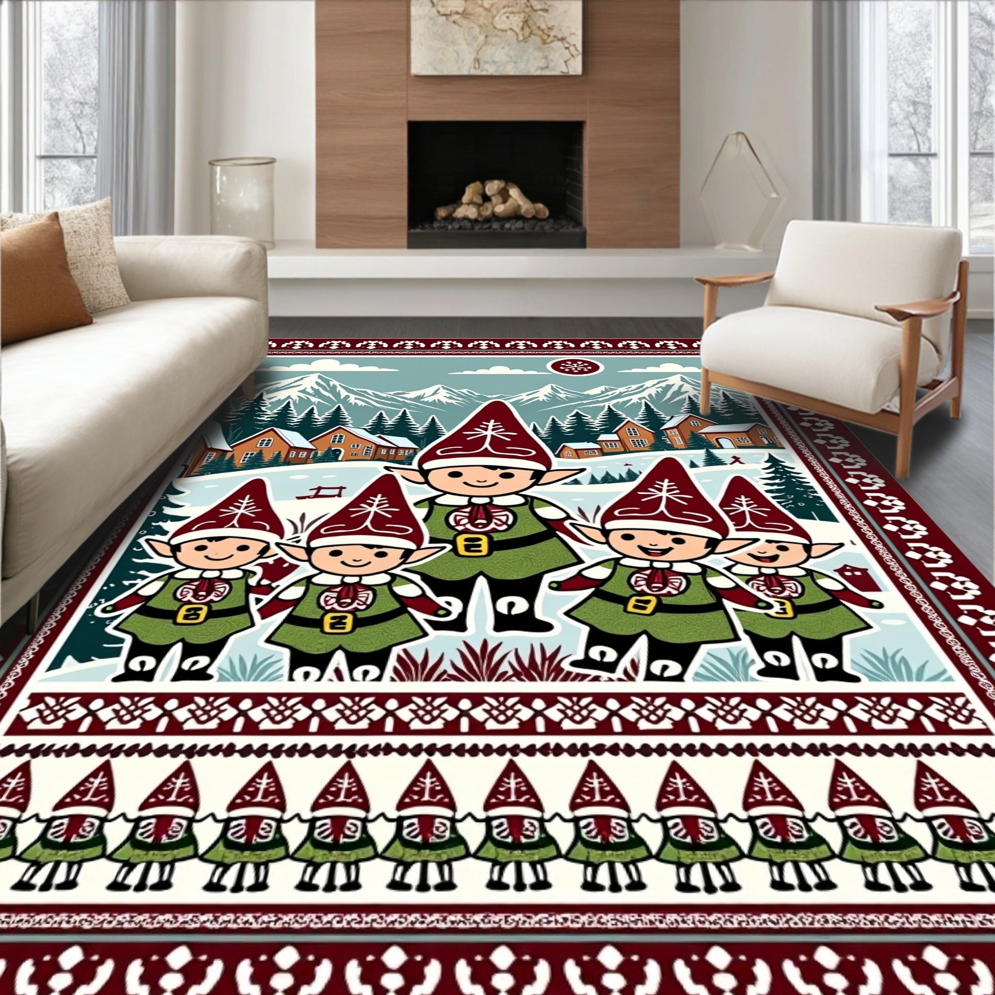 Whimsical Elven Village Mountain Scene Rug