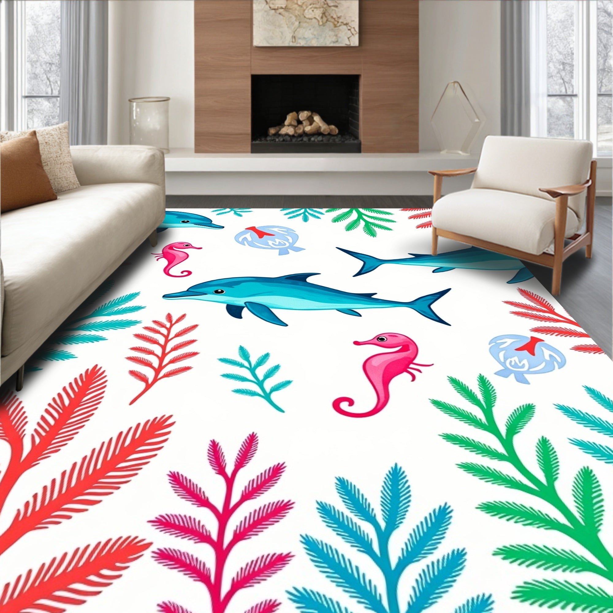 Playful Dolphins Seahorses Sea Flora Rug