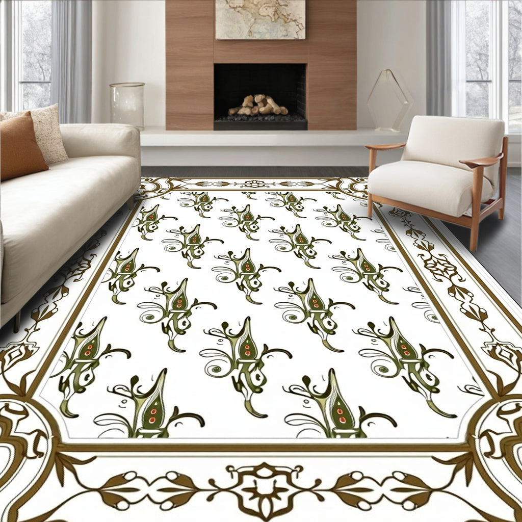 Elegant Olive Green Floral Scroll Rug