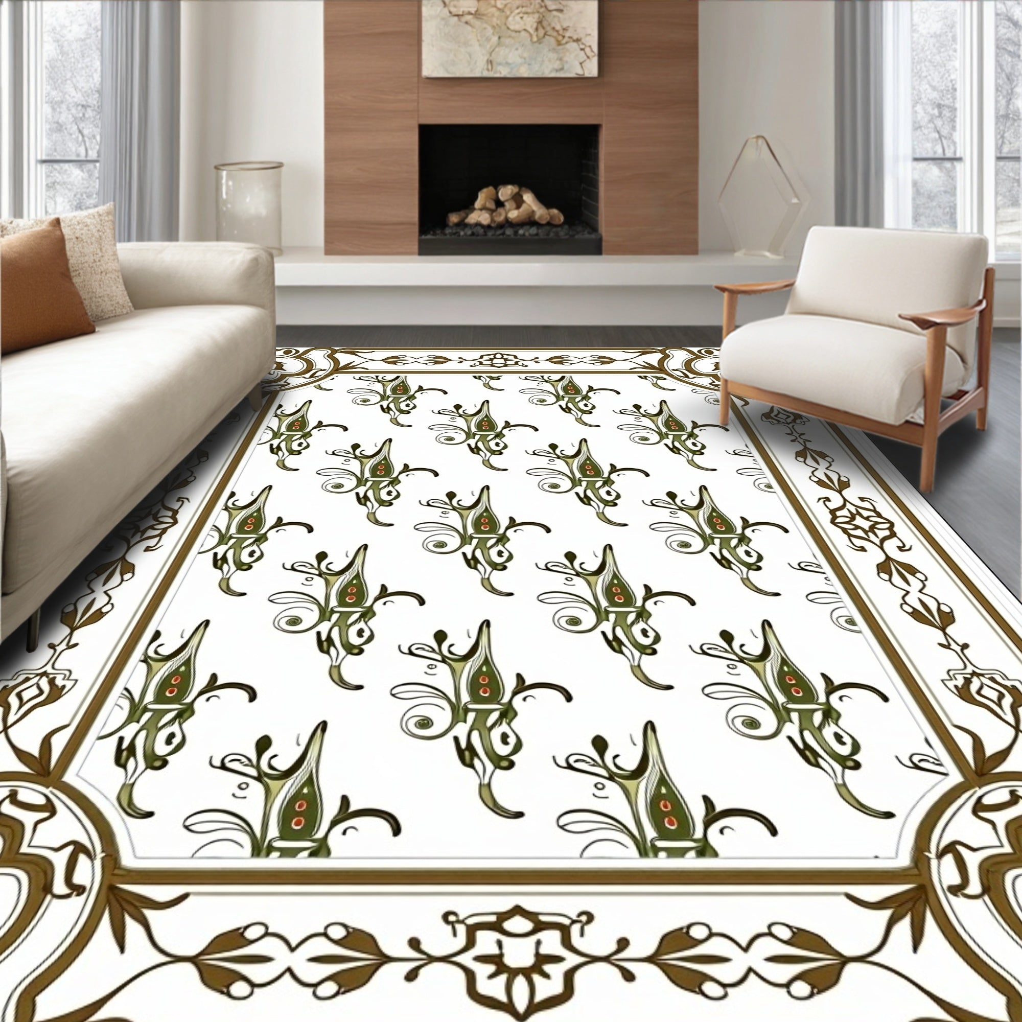 Elegant Olive Green Floral Scroll Rug
