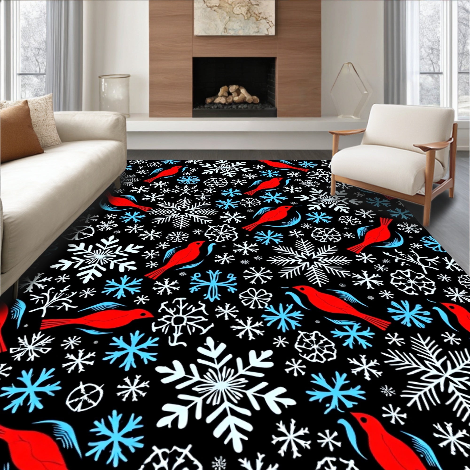 Whimsical Red Birds Snowflakes Whiteness Rug