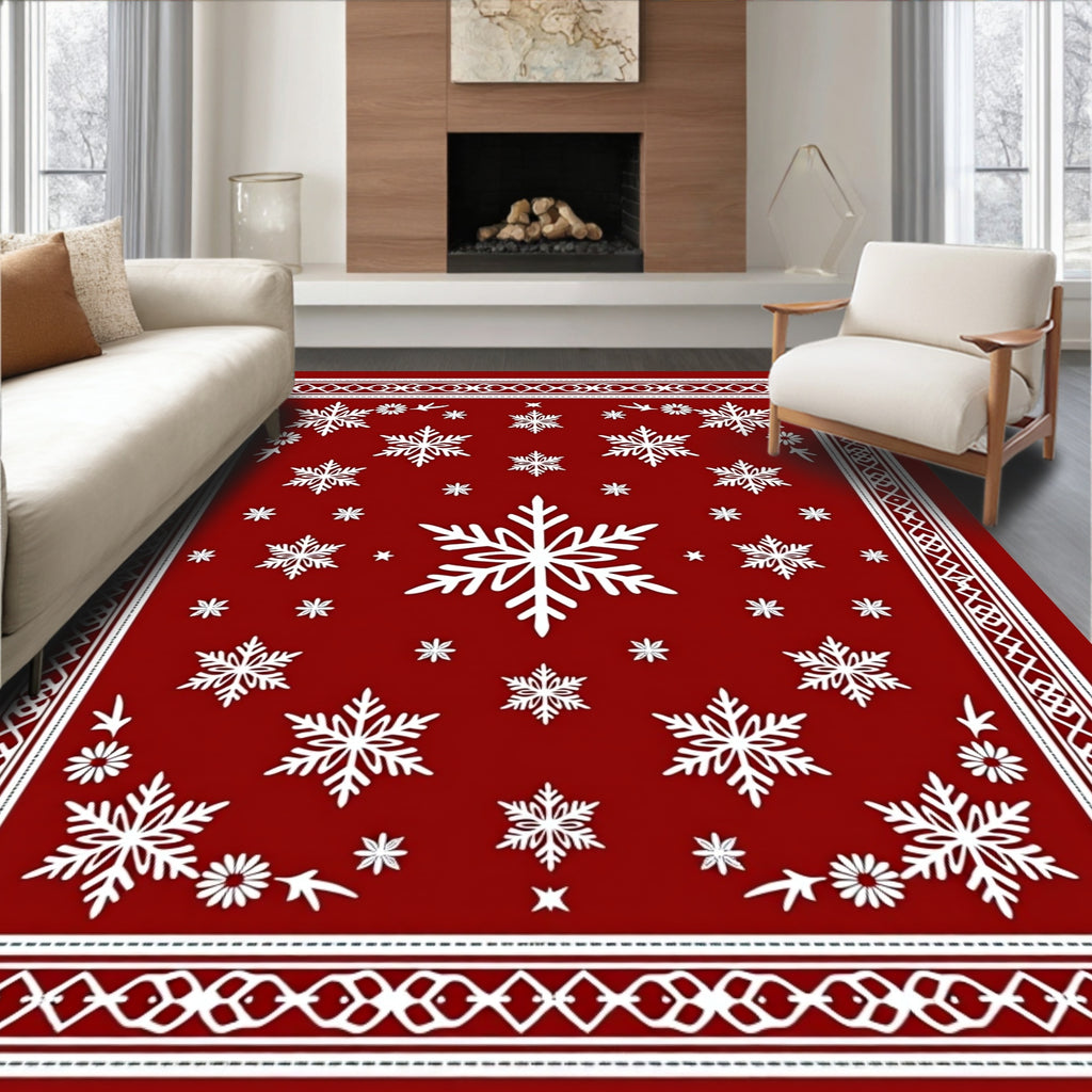 Crimson White Snowflake Bordered Throw Rug